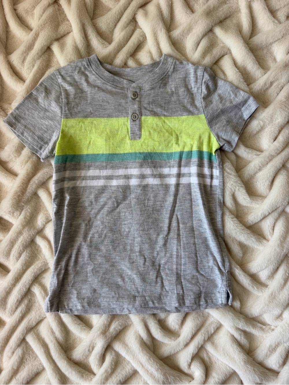 okie dokie Gray Henley Tee with Yellow and Teal Stripes